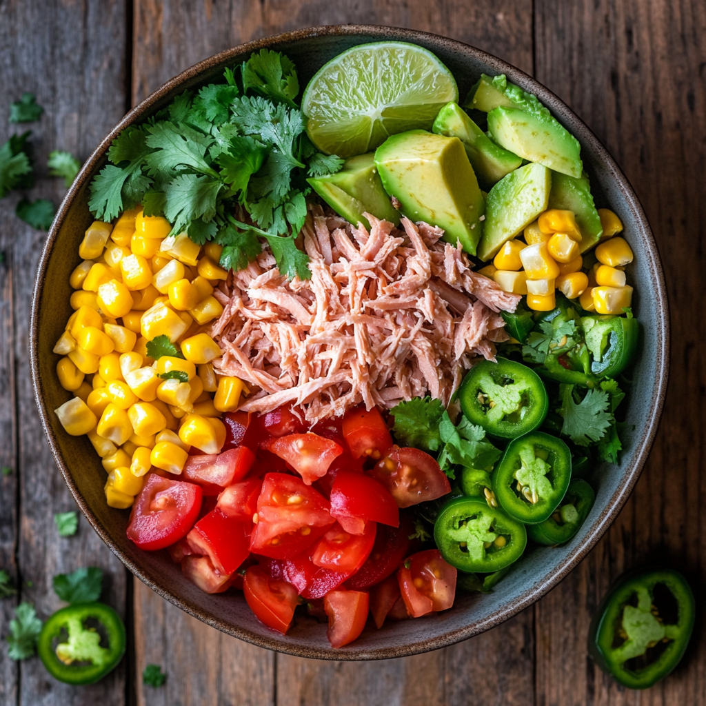 A vibrant bowl of fresh ingredients including shredded chicken, corn, avocado, jalapeño slices, diced tomatoes, cilantro, and a lime wedge, arranged beautifully on a wooden table.