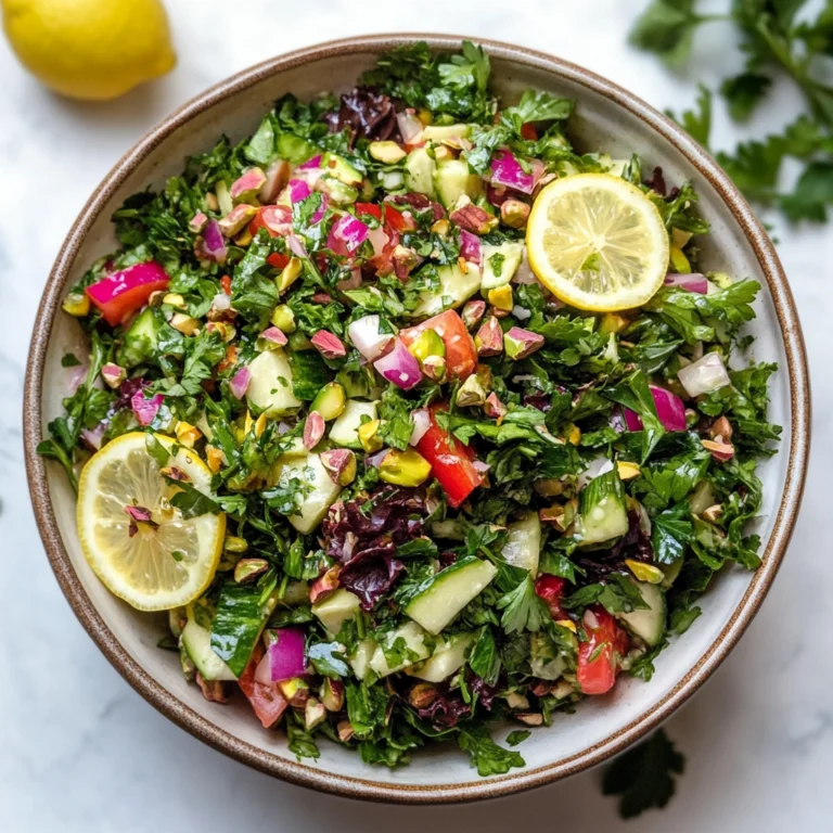 A beautifully plated Jennifer Aniston Salad in a ceramic bowl, featuring fresh cucumbers, tomatoes, red onion, parsley, pistachios, and lemon slices as garnish.