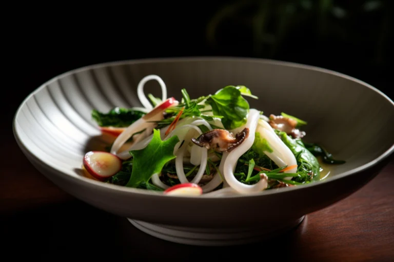 A shallow, light-gray bowl containing thin slices of squid mixed with leafy greens and radish slices, arranged as a fresh salad under soft lighting.