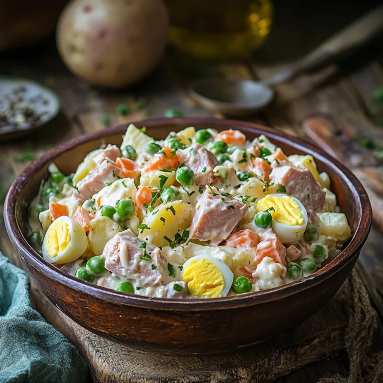 A beautifully presented bowl of Spanish potato salad garnished with parsley.