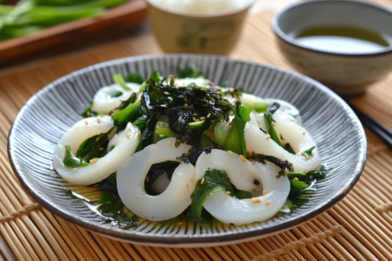 A close-up of Ika Sansai Salad with sliced squid, seaweed, and green vegetables garnished with sesame seeds on a patterned ceramic plate.