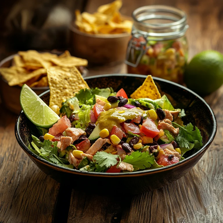 A vibrant Mexican salad served in a black bowl, featuring grilled chicken, black beans, corn, diced tomatoes, avocado, red onion, and cilantro, topped with a tangy dressing and garnished with lime wedges and tortilla chips