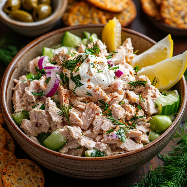 A beautifully plated tuna salad garnished with fresh dill, red onion slices, and paprika, served with lemon wedges and accompanied by crackers and olives.
