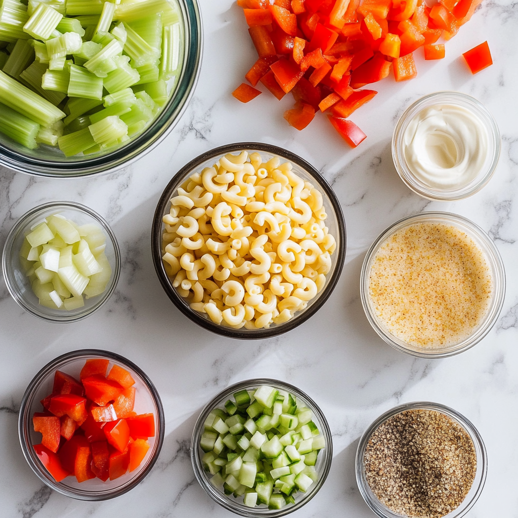 Ingredients for a fresh macaroni salad arranged on a marble countertop, including chopped celery, red bell peppers, elbow macaroni, diced cucumber, mayonnaise, and seasoning.