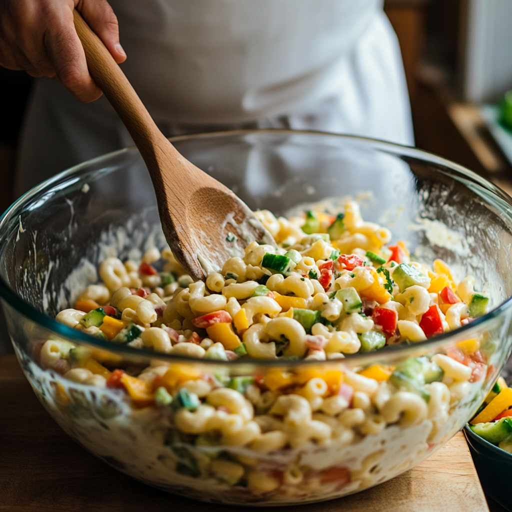 A close-up of a chef mixing Mexican Macaroni Salad in a glass bowl using a wooden spoon. The salad includes macaroni, diced vegetables like bell peppers and cucumbers, and a creamy dressing.