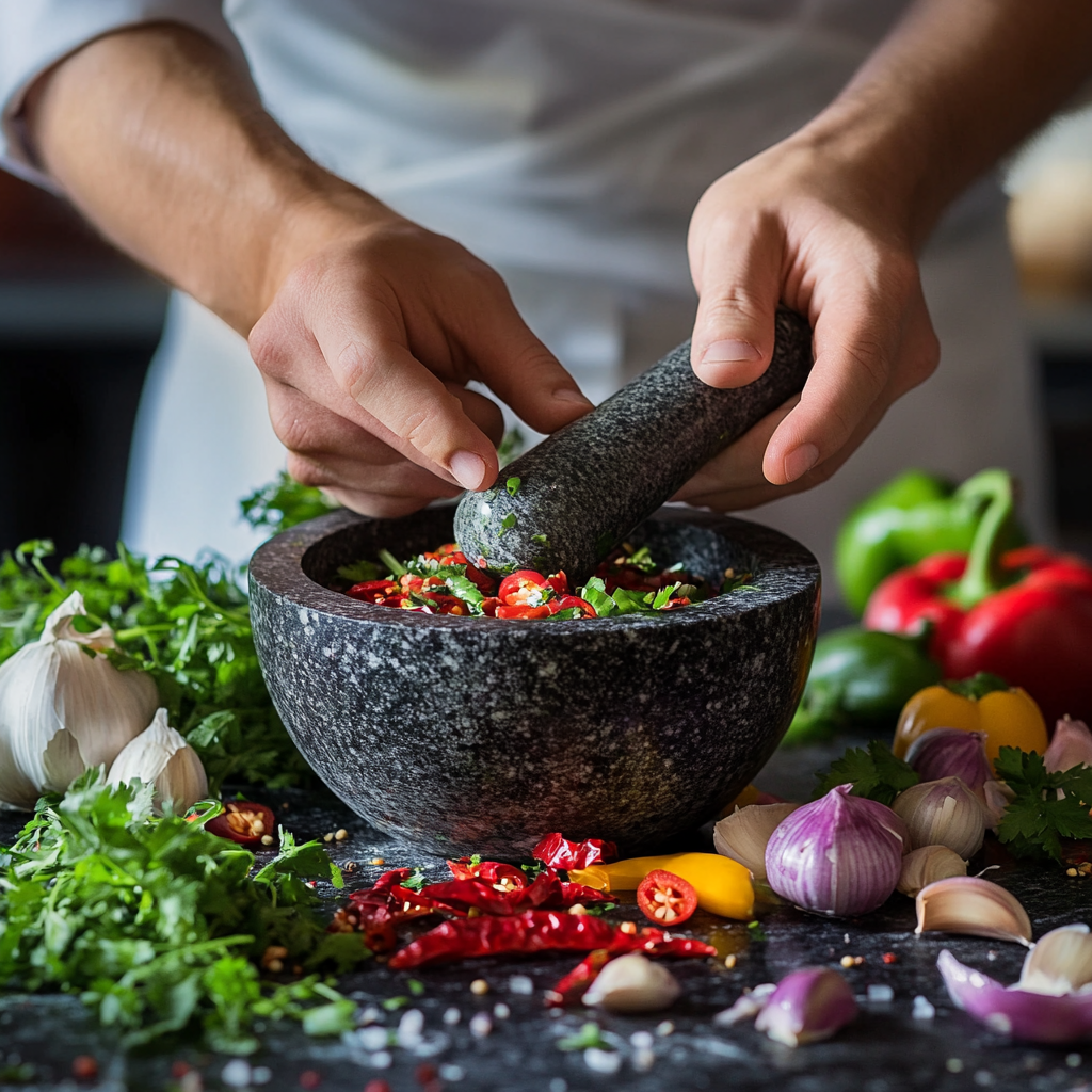 A close-up of a chef's hands using a mortar and pestle to crush fresh herbs and chili peppers, surrounded by colorful vegetables and garlic on a kitchen counter.