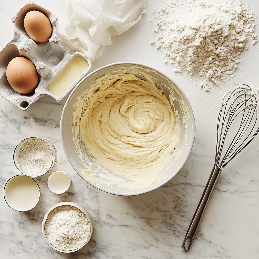A clean kitchen countertop with a mixing bowl filled with smooth pancake batter, surrounded by baking ingredients like flour, eggs, and milk, along with a whisk.