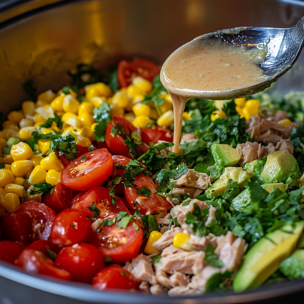 Close-up of a vibrant salad with cherry tomatoes, corn, avocado, shredded tuna, and cilantro, being drizzled with a creamy dressing.