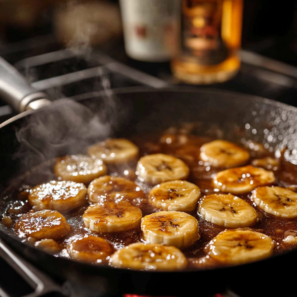 Caramelized banana slices cooking in a skillet with a rich brown sauce on a stovetop.