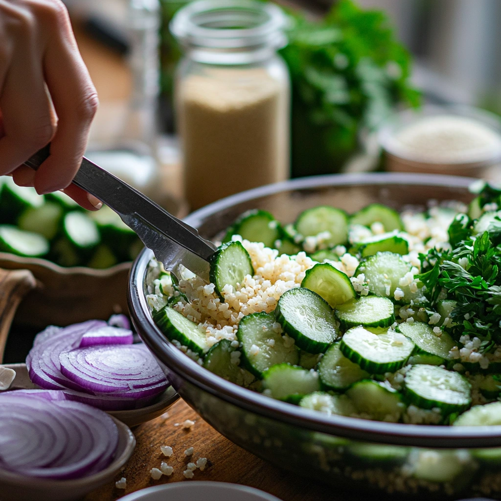 A hand using tongs to mix a bowl of cucumber slices, parsley, and grains, with sliced red onions and other fresh ingredients in the background.