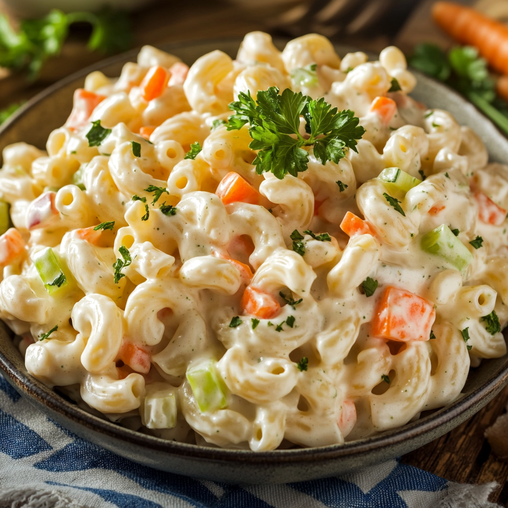 A creamy macaroni salad made with elbow macaroni, diced carrots, celery, and parsley garnish in a bowl.