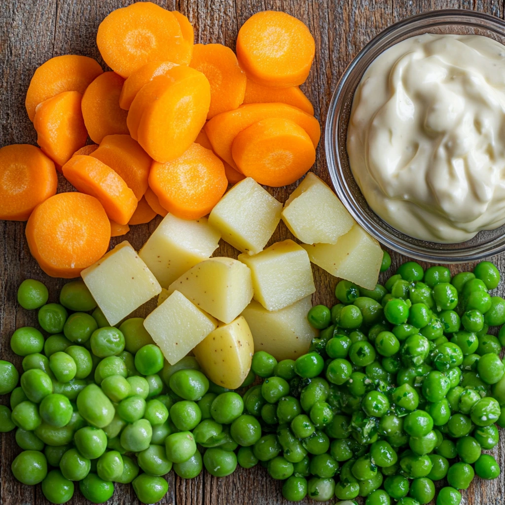 A close-up view of the key ingredients for Ensalada Rusa, including boiled potato cubes, bright orange carrot slices, vibrant green peas, and a bowl of creamy mayonnaise, arranged on a rustic wooden surface.