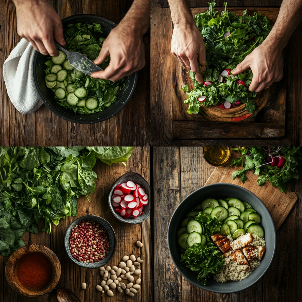 A collage of four images showing a chef preparing a fresh garden salad, including steps like mixing greens and cucumbers, chopping vegetables, displaying fresh ingredients, and assembling the salad with grilled chicken and quinoa.