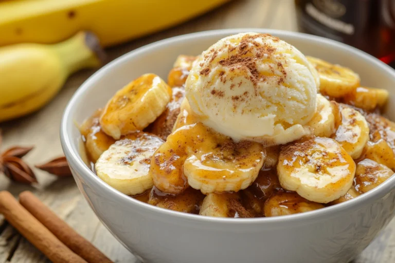 A bowl of Bananas Foster topped with a scoop of vanilla ice cream and sprinkled with cinnamon, surrounded by cinnamon sticks and fresh bananas.