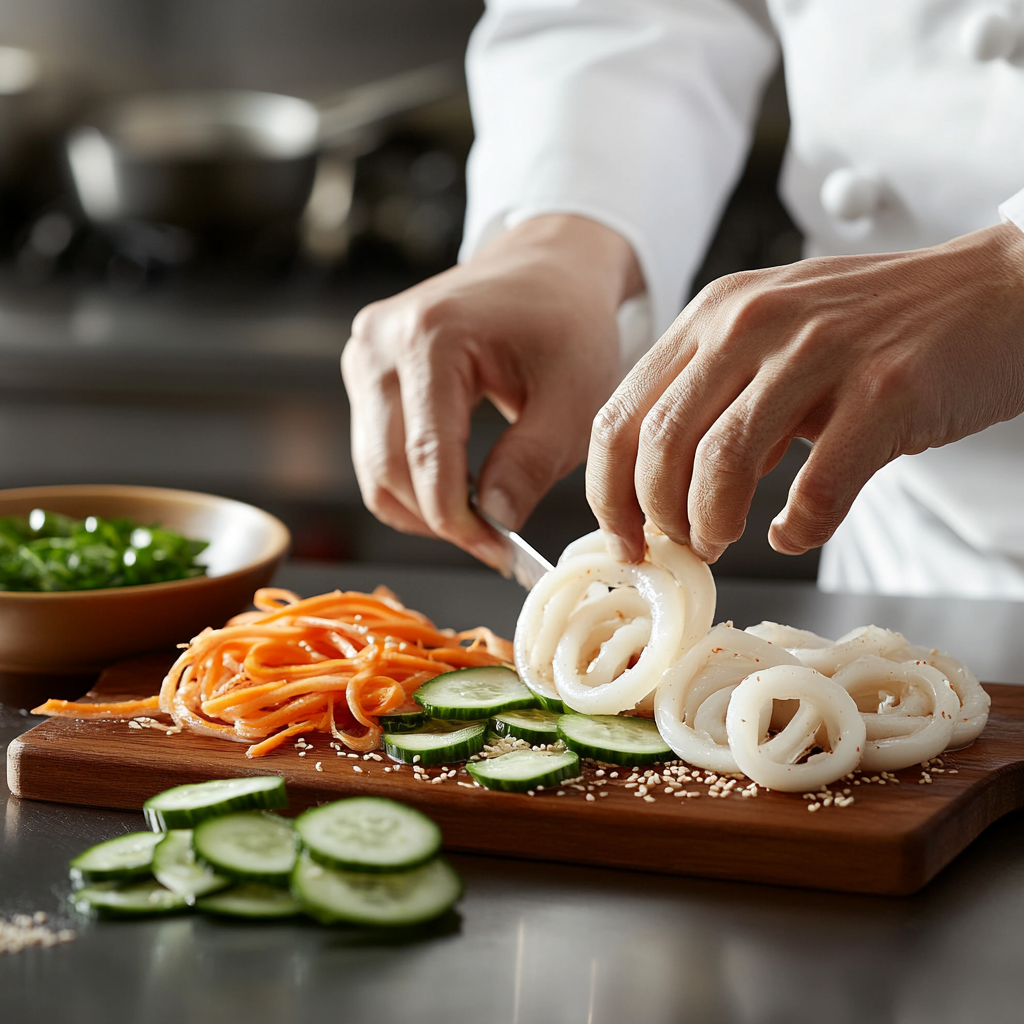 A close-up view of a chef’s hands slicing fresh squid into thin rings on a wooden cutting board, surrounded by julienned carrots, sliced cucumbers, and sesame seeds.