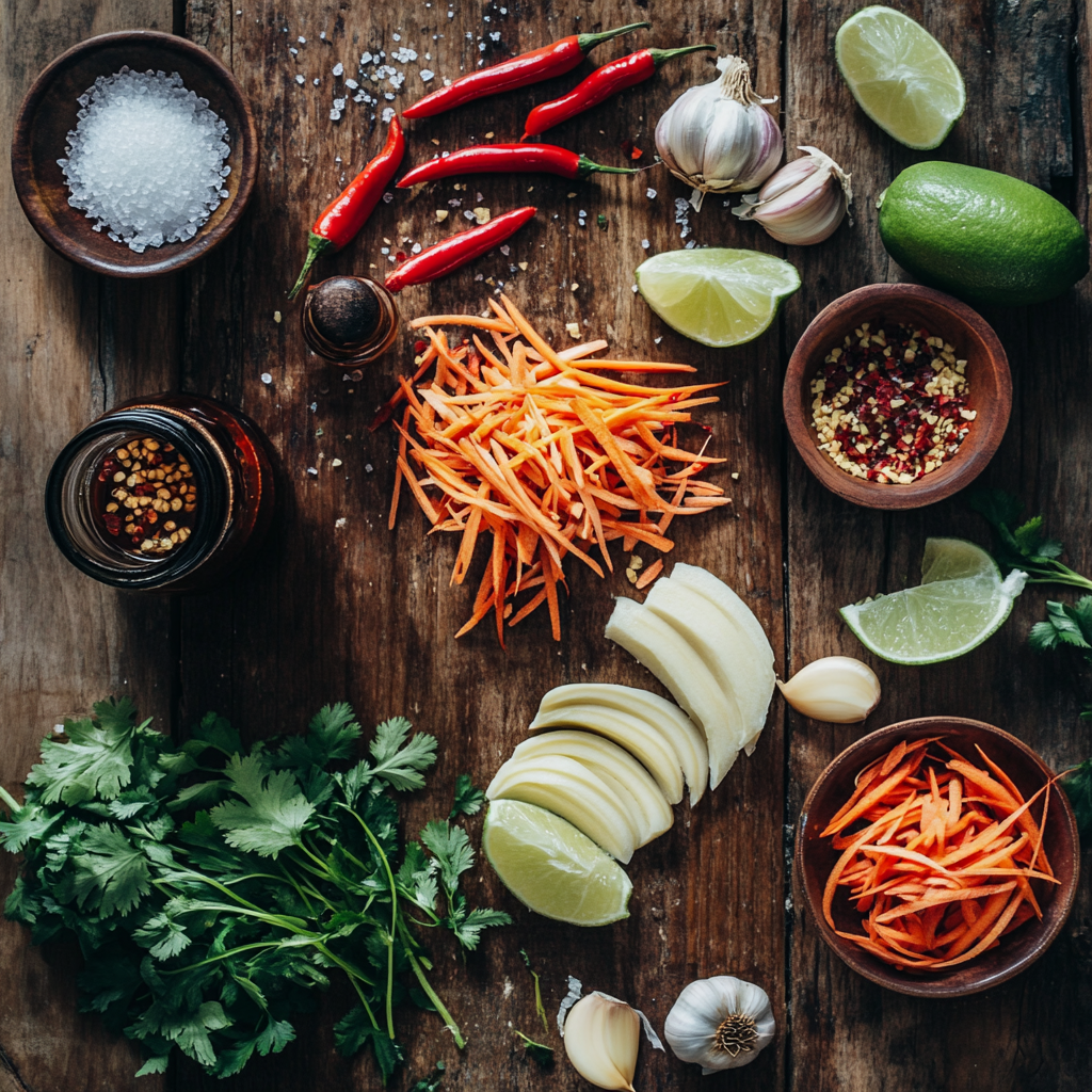 A flat-lay image featuring various fresh ingredients for a vibrant dish, including sliced onions, shredded carrots, fresh cilantro, red chili peppers, lime wedges, garlic cloves, and seasonings like chili flakes and sea salt.