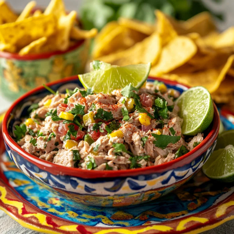 A bowl of Mexican tuna salad garnished with lime wedges and cilantro, served with tortilla chips on a colorful plate.