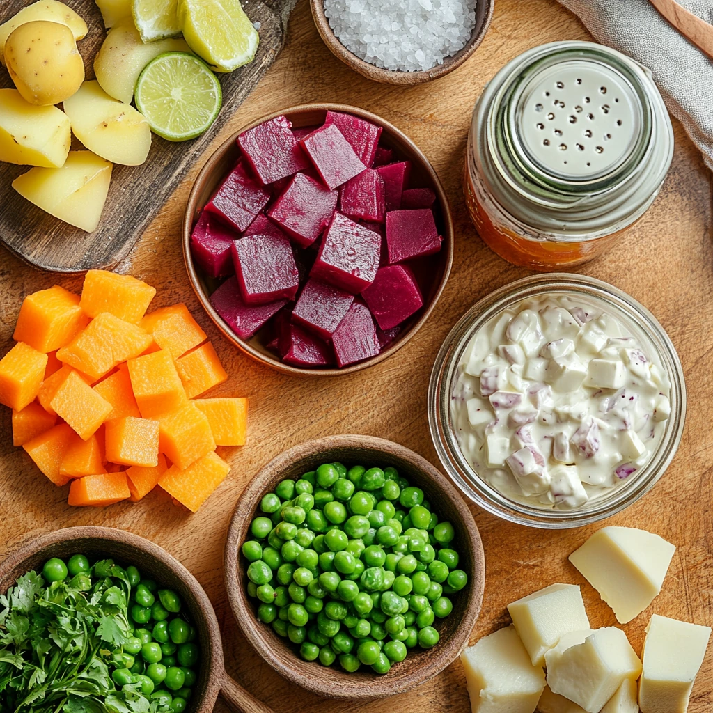 A colorful arrangement of fresh ingredients for Dominican Potato Salad, including diced potatoes, carrots, beets, peas, lime, cilantro, mayonnaise, and seasonings.