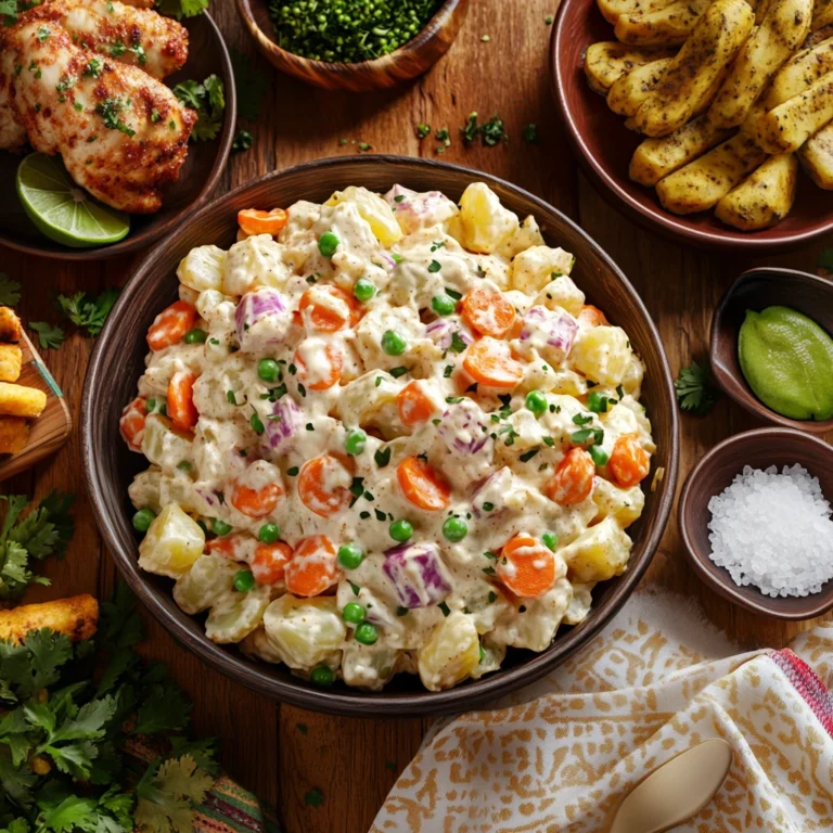 A vibrant bowl of Dominican Potato Salad surrounded by traditional side dishes, including grilled chicken, fried plantains, and garnishes like cilantro and lime.