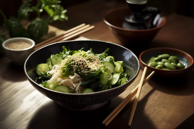 A beautifully plated bowl of Ika Sansai Salad featuring fresh greens, thinly sliced radishes, squid rings, and mushrooms, served in an elegant ceramic bowl.