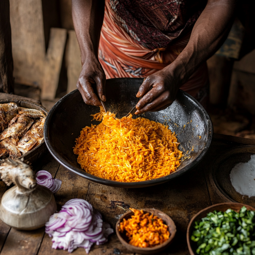 A chef preparing traditional Abacha salad, mixing bright orange cassava strands in a large bowl, surrounded by fresh ingredients like sliced onions, greens, and dried fish on a rustic wooden table.