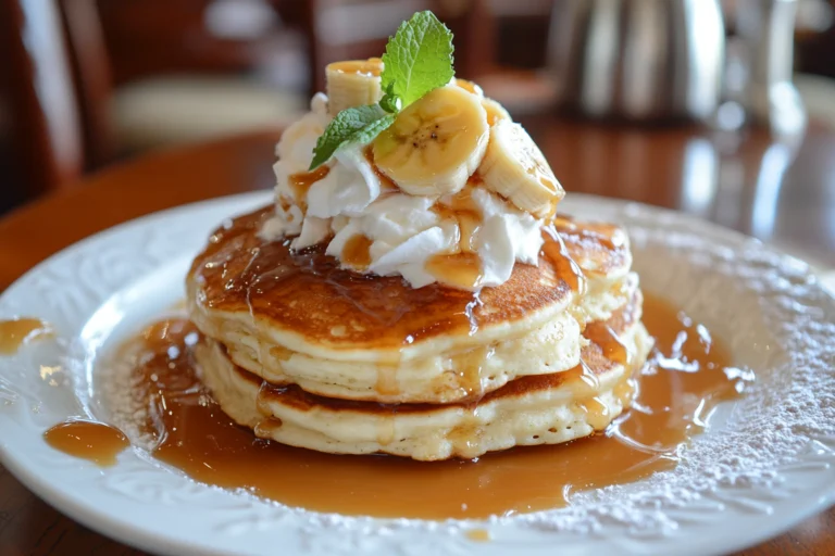 A stack of fluffy pancakes on a white plate topped with caramelized bananas, whipped cream, and a drizzle of caramel sauce.