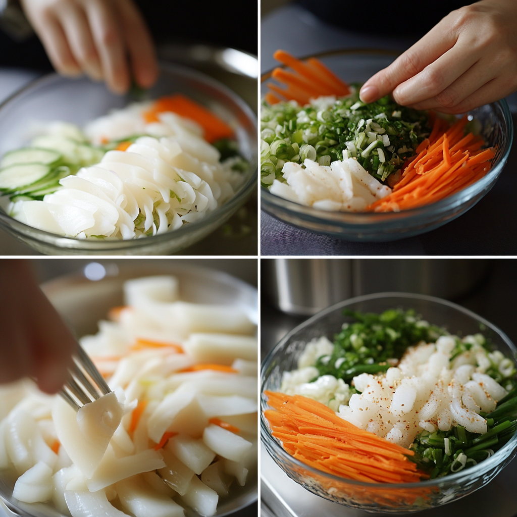 A collage of four images showing the step-by-step preparation of Ika Sansai Salad, featuring sliced squid, julienned carrots, cucumber, green onions, and seasoning.