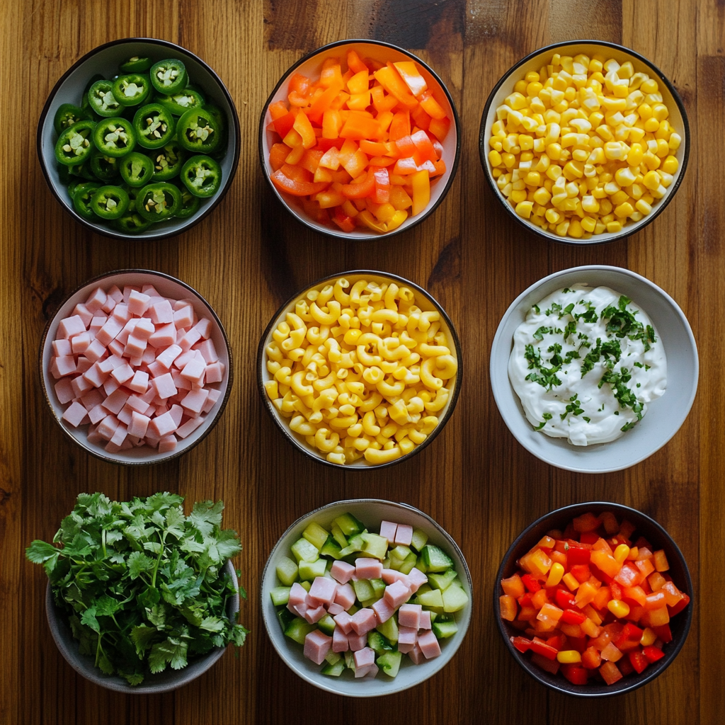A top-down view of fresh ingredients for Mexican Macaroni Salad, including sliced jalapeños, diced bell peppers, sweet corn, cubed ham, cooked macaroni, sour cream garnished with herbs, fresh cilantro, and chopped cucumbers, arranged in small bowls on a wooden surface.