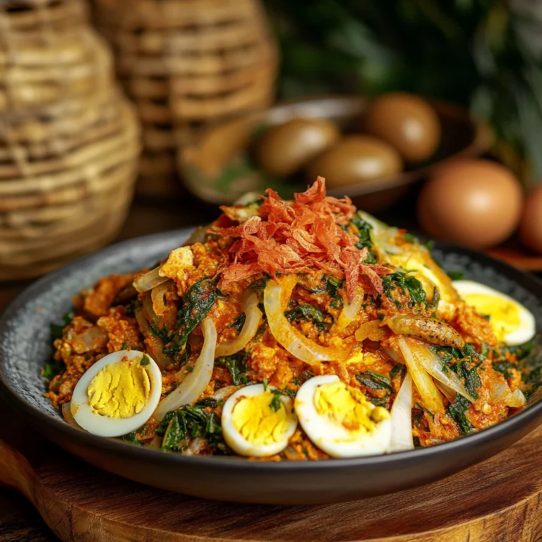 A vibrant plate of Abacha salad garnished with boiled eggs, onions, dried shrimp, and fresh vegetables, presented on a rustic wooden table.