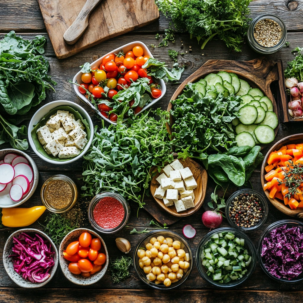 A vibrant assortment of fresh vegetables, herbs, and plant-based ingredients laid out on a rustic wooden table, including cherry tomatoes, cucumbers, radishes, leafy greens, chickpeas, and cubes of feta cheese.