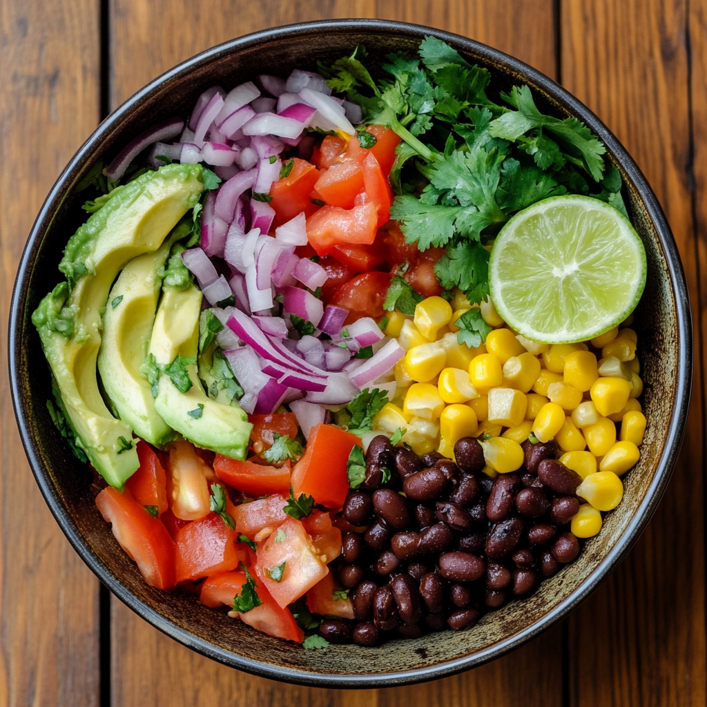 A vibrant and colorful Mexican salad featuring fresh ingredients such as avocado slices, red onions, tomatoes, corn, black beans, cilantro, and a lime wedge in a rustic bowl.