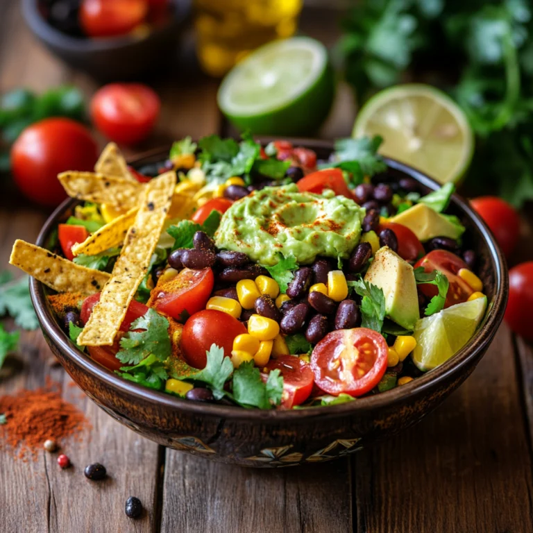 A vibrant Mexican salad in a traditional ceramic bowl, featuring black beans, corn, cherry tomatoes, avocado slices, tortilla strips, cilantro, and a dollop of guacamole, with lime wedges and spices in the background.
