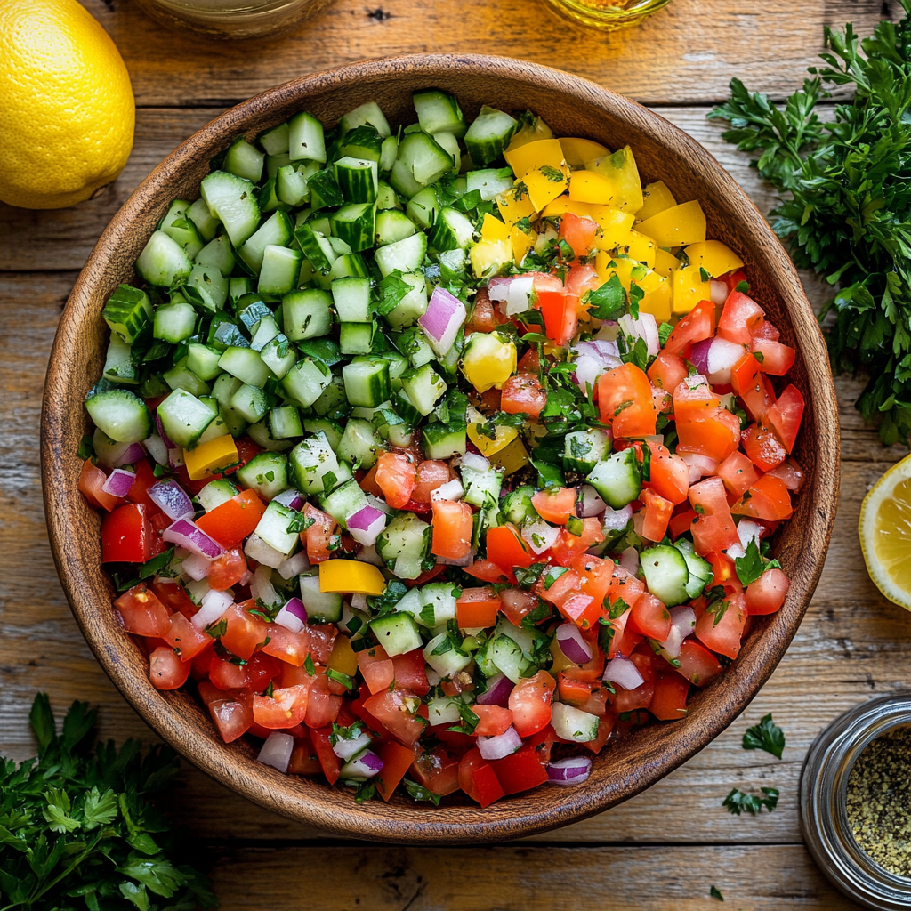A vibrant Israeli salad featuring finely diced cucumbers, tomatoes, onions, and yellow bell peppers in a wooden bowl, garnished with parsley and surrounded by fresh ingredients.