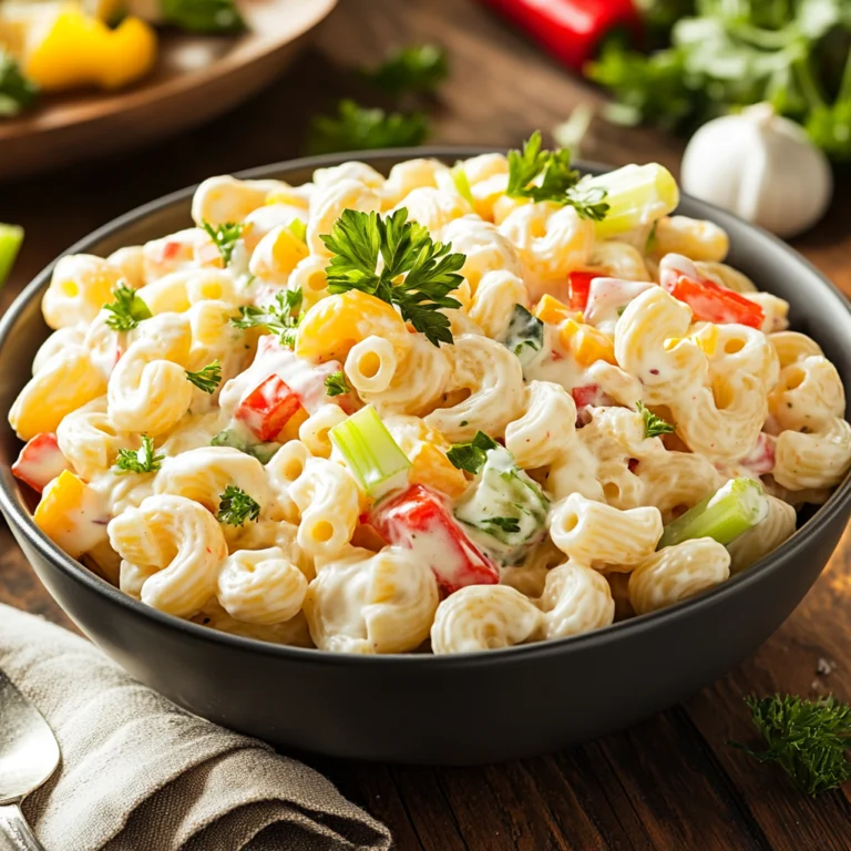 A vibrant bowl of creamy macaroni salad garnished with fresh parsley, featuring colorful vegetables like red peppers and celery.