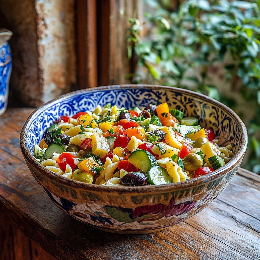 A vibrant bowl of pasta salad filled with colorful vegetables, including cucumbers, cherry tomatoes, bell peppers, olives, and herbs, displayed in a decorative ceramic bowl on a rustic wooden surface.