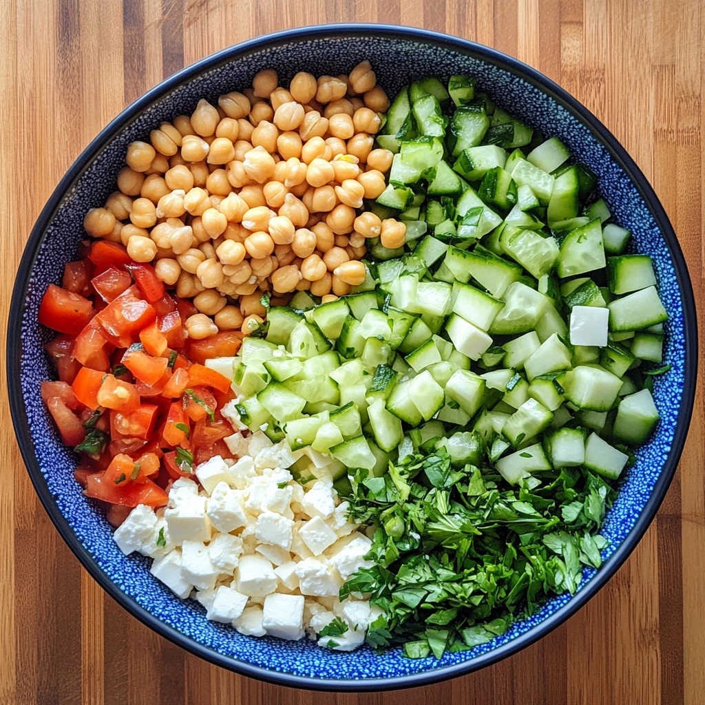 A colorful bowl of fresh salad ingredients including diced cucumbers, chopped tomatoes, chickpeas, feta cheese cubes, and fresh parsley arranged in sections.
