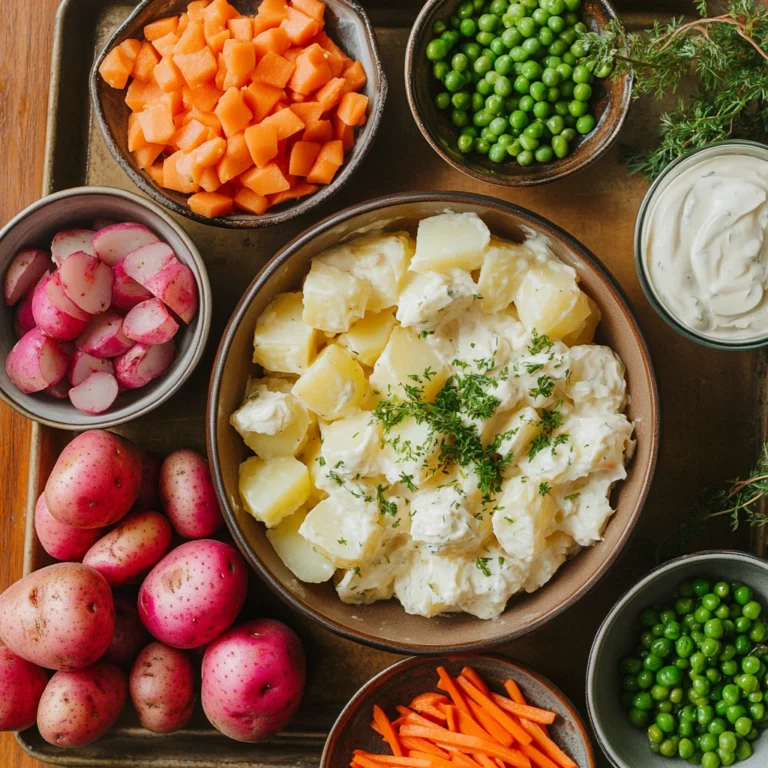 A bowl of potato salad garnished with parsley, surrounded by ingredients like diced carrots, peas, radishes, red potatoes, and a bowl of creamy dressing on a rustic wooden surface.