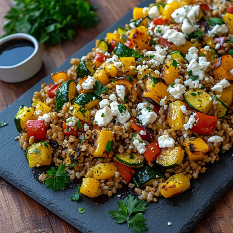 A vibrant farro salad with roasted vegetables, topped with crumbled feta cheese and garnished with fresh parsley, served on a slate platter.
