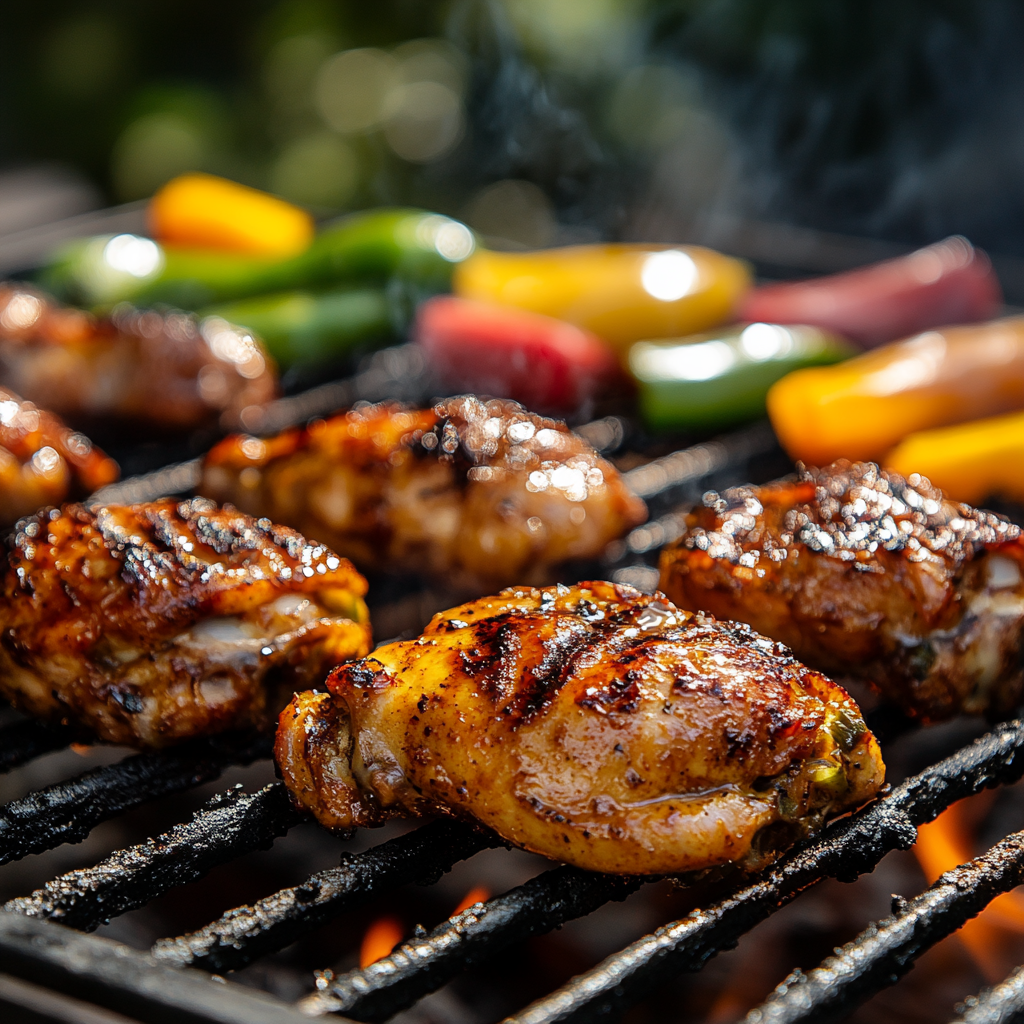 A vibrant scene of grilling pollo asado on a medium-high heat grill, with sizzling chicken thighs and a smoky charred exterior. The chicken is glistening with marinade, caramelized into a golden-brown crust, with juicy, tender interior visible. The grill is surrounded by vibrant green vegetables like peppers and onions. The background shows a warm, sunny outdoor setting with a faint smoky haze. Focus on the texture of the chicken, with details of grill marks and the searing process.