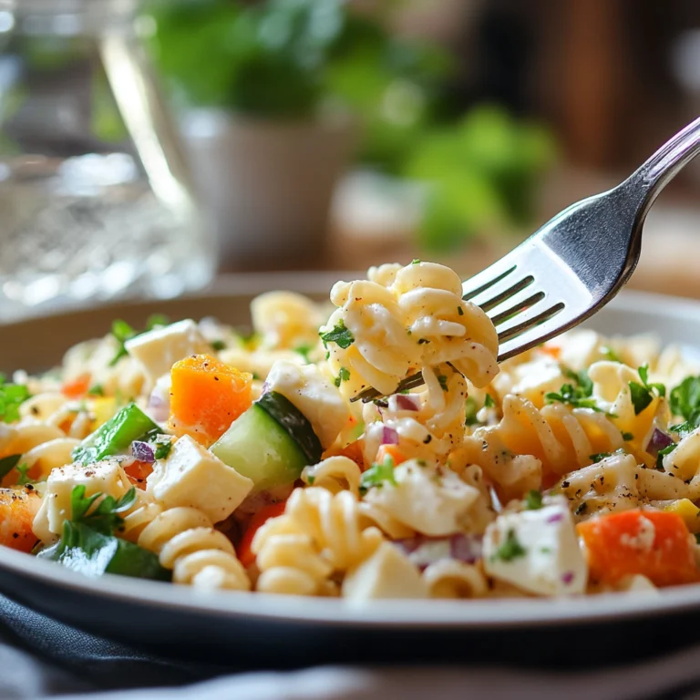 A close-up of a fork lifting a bite of pasta salad, featuring rotini pasta, colorful vegetables, and fresh herbs.