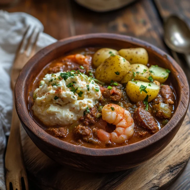 A bowl of Southern gumbo with shrimp, sausage, and vegetables, served alongside a creamy potato salad with mustard, pickles, and hard-boiled eggs on a rustic wooden table.