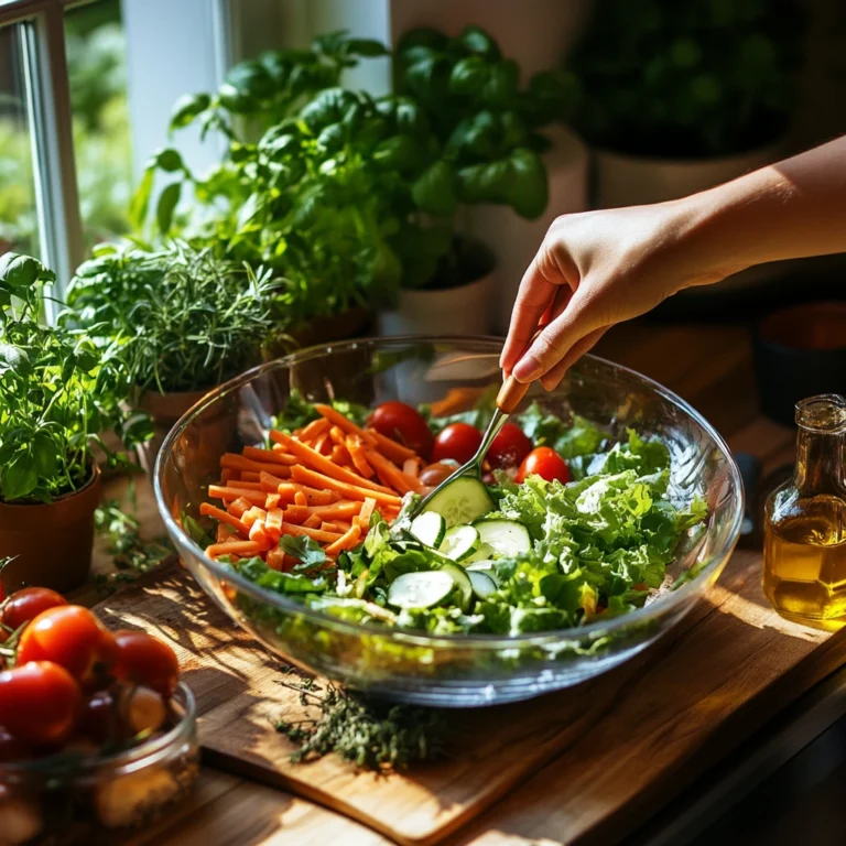A fresh and vibrant garden salad being prepared in a glass bowl, surrounded by fresh vegetables and herbs in a sunny kitchen setting.