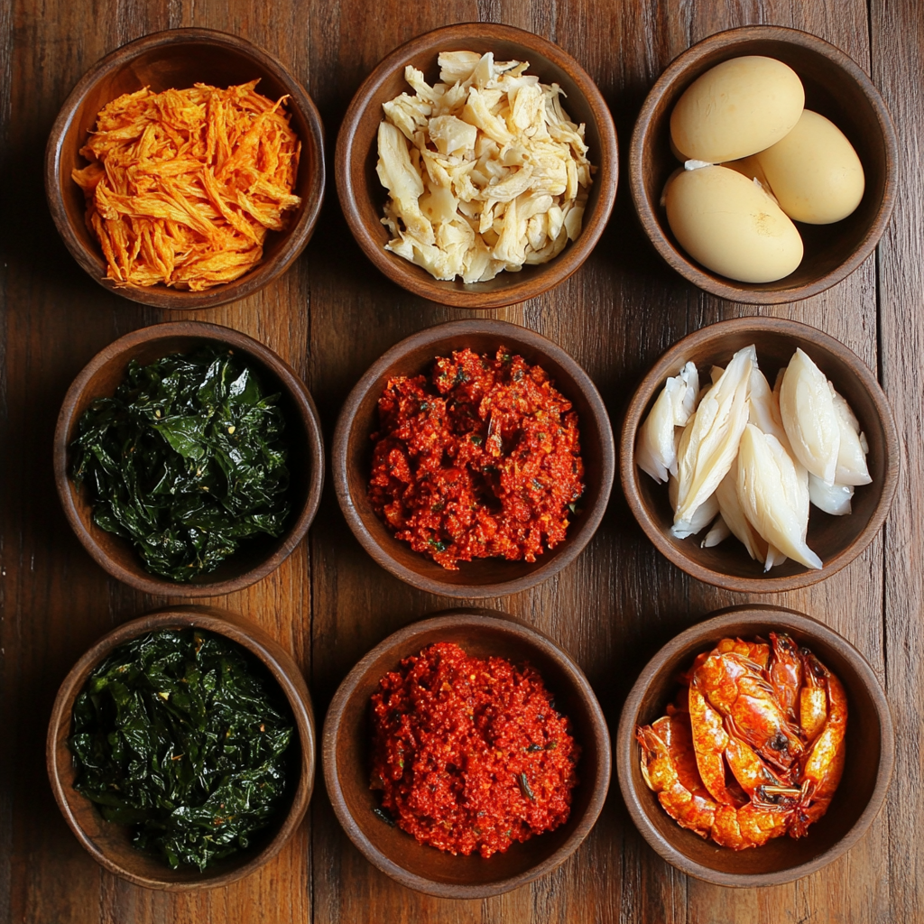 Nine wooden bowls filled with various traditional food ingredients, including shredded vegetables, eggs, chili paste, and dried shrimp, displayed on a wooden surface.