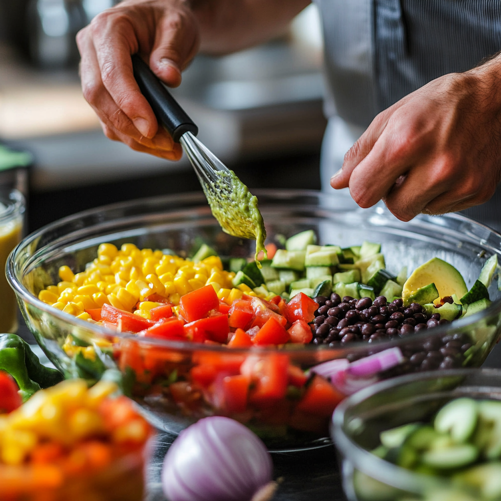 A chef whisking dressing into a colorful salad made of fresh vegetables, black beans, and avocado in a large glass bowl.