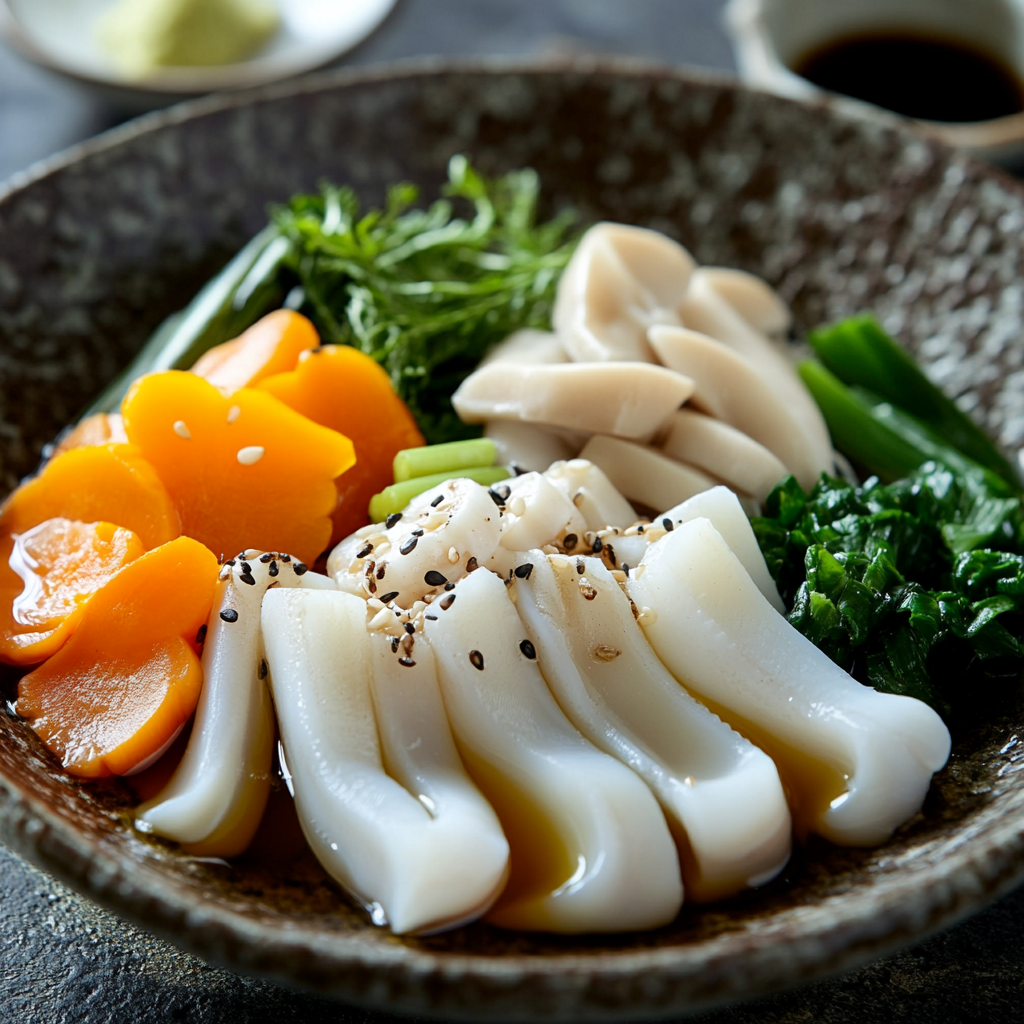 A close-up view of a beautifully arranged Ika Sansai Salad with slices of squid, carrots, greens, and bamboo shoots, garnished with sesame seeds in a dark ceramic bowl.