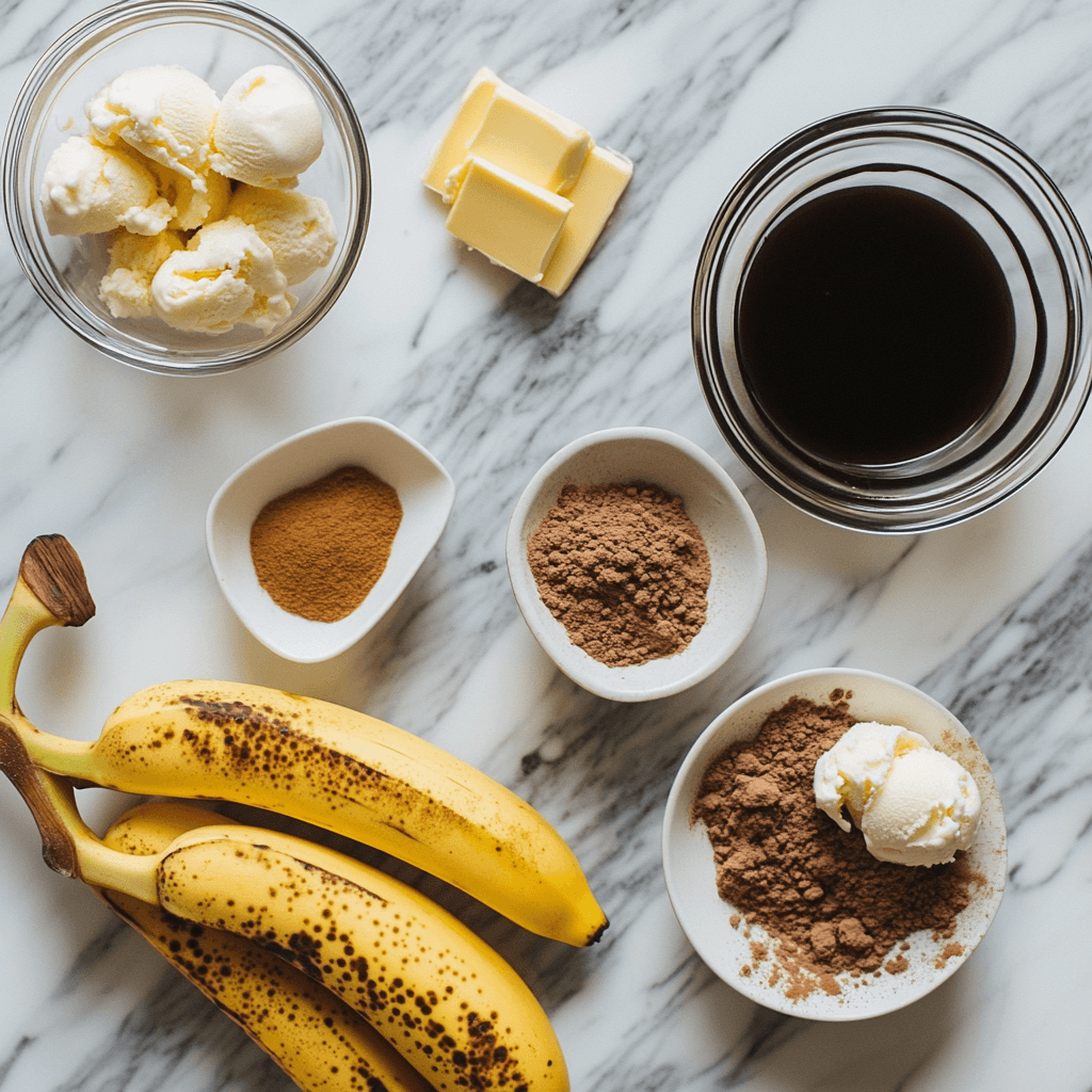 Ingredients for a dessert including bananas, butter, ice cream, spices, cocoa powder, and a dark liquid (possibly coffee or rum), arranged on a marble countertop.
