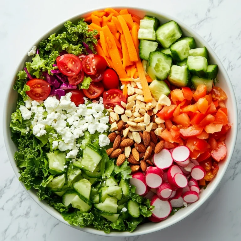 A vibrant garden salad with fresh leafy greens, cherry tomatoes, cucumbers, carrots, radishes, almonds, and feta cheese.