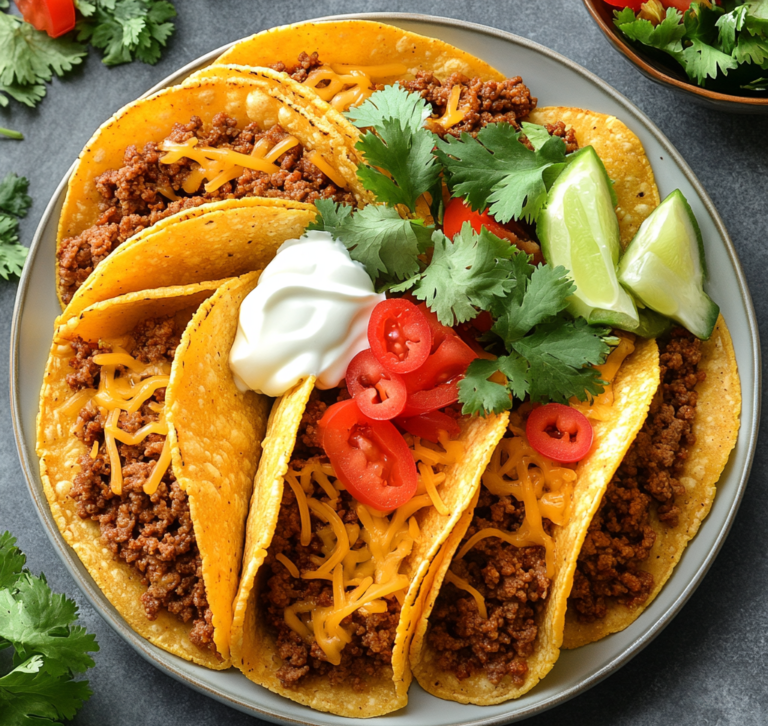 "Create an image showing a plate of Rotel tacos with ground beef, melted cheese, and fresh toppings like cilantro and sour cream."