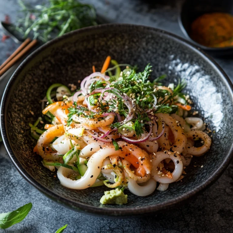 A bowl of freshly prepared Ika Salad featuring sliced squid, vibrant vegetables, and garnished with fresh herbs, sesame seeds, and a hint of wasabi on the side.