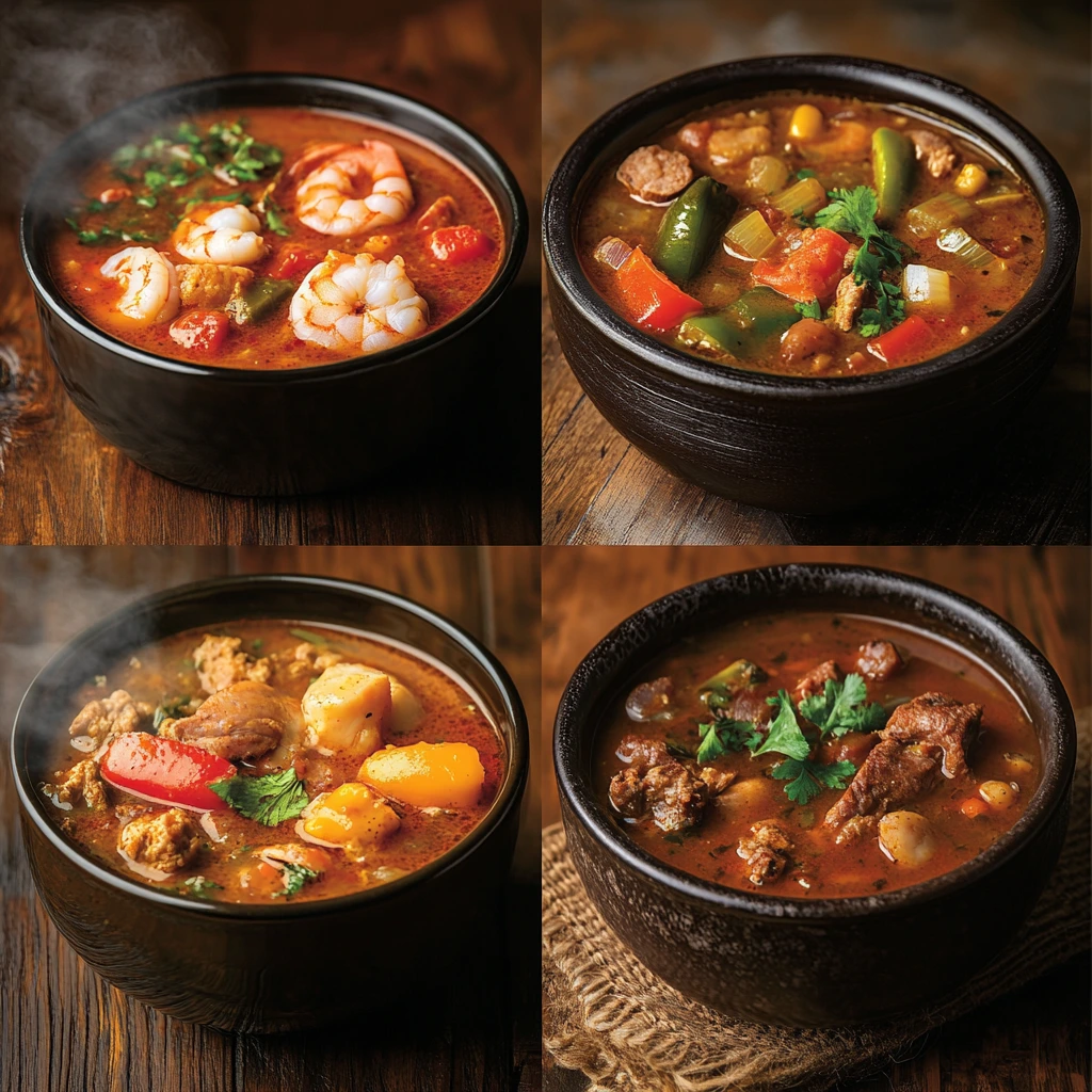 Four distinct bowls of gumbo, each featuring a different type of gumbo including seafood, chicken and sausage, vegetable, and wild game varieties.